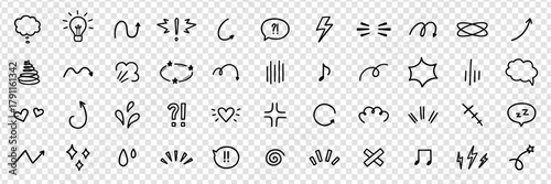 Comic expression sign and movement effect doodle set. Anime and manga symbols. Japanese decorative lines, character emotion in sketch style. Hand drawn vector illustration