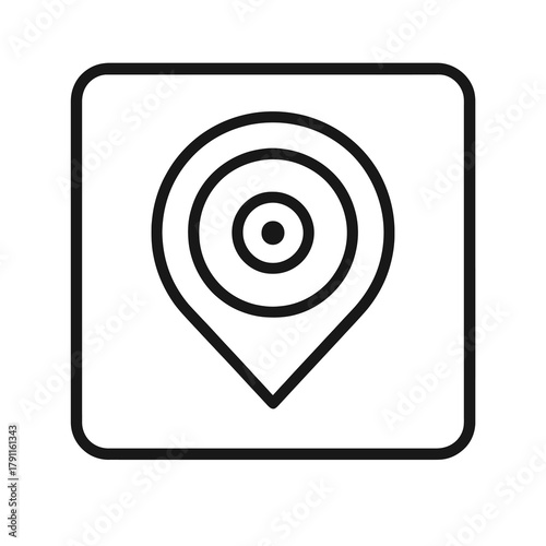 Thin line target icon inside square map pin, black vector symbol for GPS focus, map pinpoint, and accurate navigation design.