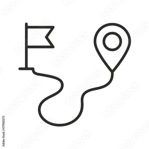 Thin line route path icon inside square pin, black vector representing travel direction, GPS tracking, and navigation route planning.