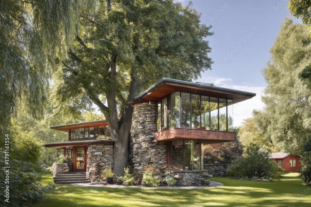 Naklejka premium Beautiful modern house surrounded by lush greenery on a sunny day with large windows showcasing the scenic outdoor landscape