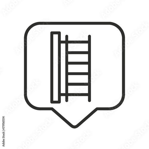 Thin line fire escape ladder icon inside square pin, black vector representing emergency evacuation, workplace safety, and hazard prevention.