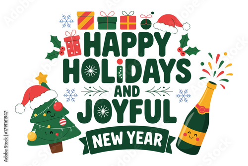 Happy Holidays and Joyful New Year message with festive imagery including a Christmas tree and champagne bottle.