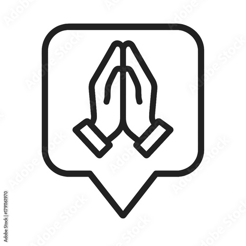 Black praying hands icon inside square map pin, flat vector representing Christian faith, prayer, worship, and devotion in spiritual UI.