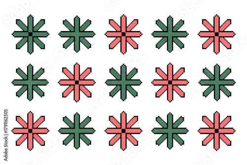 A repeating pattern of geometric snowflake-like shapes in green and pink creates a festive background for holiday or winter themes.