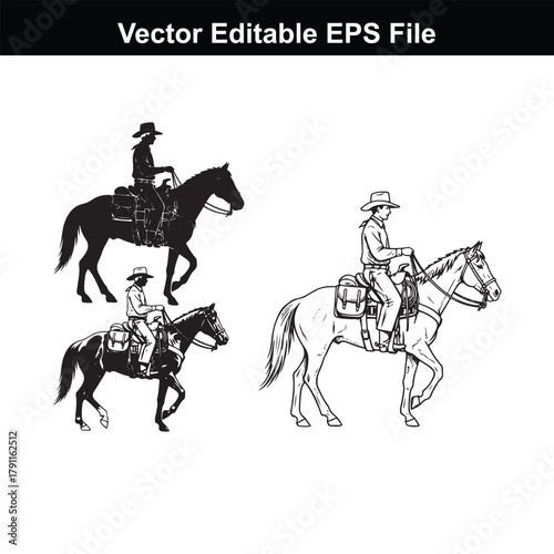 Multiple cowboys on horseback, with a mix of silhouette and detailed drawings, offering variety