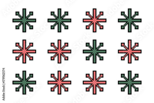 A grid of stylized starburst shapes in alternating colors of green and pink creates a repeating pattern.