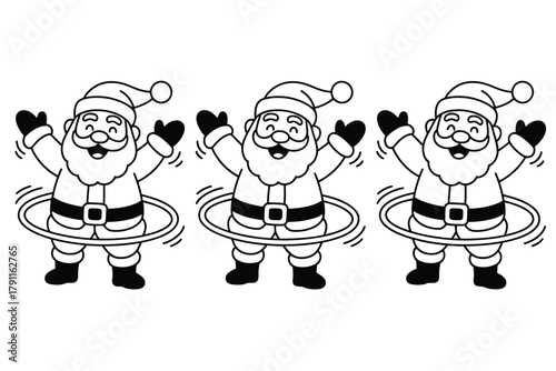 Three jolly Santas joyfully hula hooping with wide smiles and raised arms, celebrating the holiday season.
