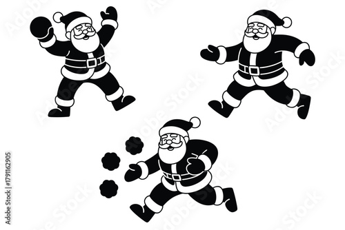 Three illustrations of Santa Claus engaging in a snowball fight.