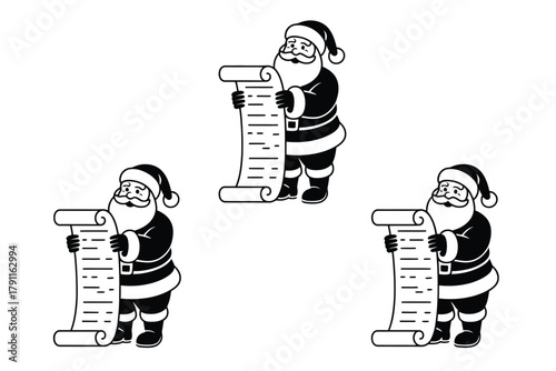 Three Santas Claus characters are holding long scrolls of paper, likely representing a naughty or nice list.