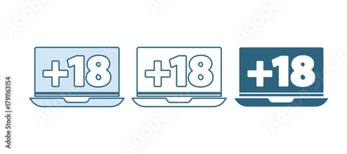 Blue Laptop with 18 plus content icon isolated on white background. Age restriction symbol. Adult channel. Vector