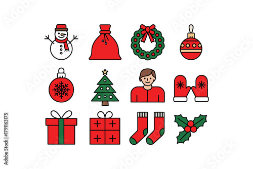 A collection of festive Christmas icons including a snowman, gift bags, wreaths, ornaments, a Christmas tree, a person, mittens, gifts, socks, and holly.