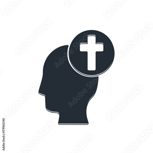 Black Human head with christian cross icon isolated on white background. Vector