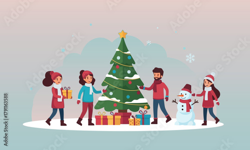 Family decorating Christmas tree – vector illustration