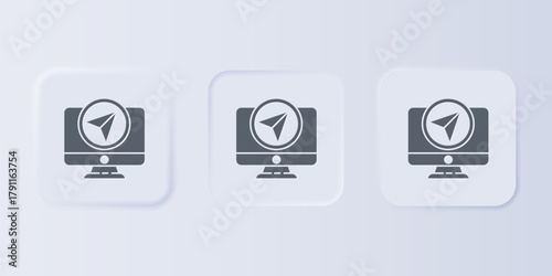 Grey Computer monitor and folded map with location marker icon isolated on grey background. Set icons in square buttons. Vector