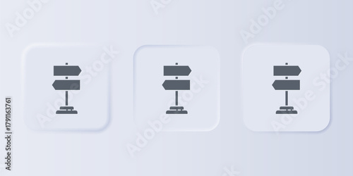 Grey Road traffic sign. Signpost icon isolated on grey background. Pointer symbol. Isolated street information sign. Direction sign. Set icons in square buttons. Vector
