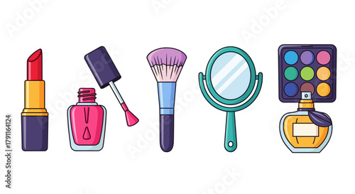 Illustration of various beauty and makeup products in a row set