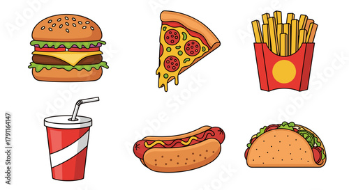 Illustration of a burger pizza fries soda hotdog and taco icons