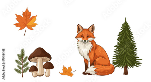 Illustration of fox with leaves mushrooms and evergreen tree art