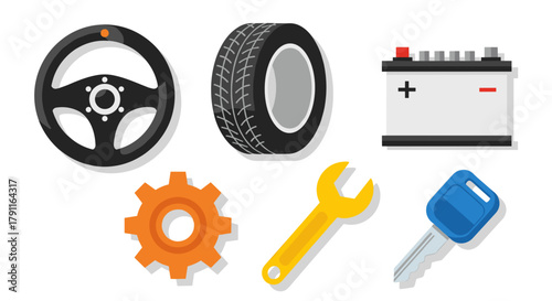 Illustration of car parts including steering wheel and car key