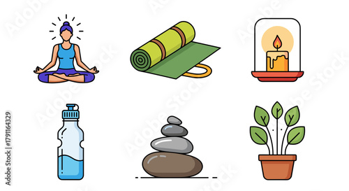 Illustration of yoga meditation items including mat candle and plant