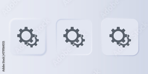 Grey Gear icon isolated on grey background. Cogwheel gear settings sign. Cog symbol. Set icons in square buttons. Vector