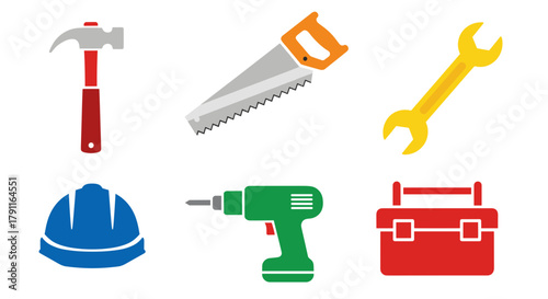 Illustration of various construction tools and safety equipment