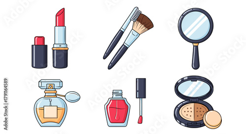 Illustration of various beauty and makeup products on white background