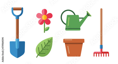 Illustration of gardening tools and plants on a white background