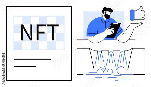 NFT headline, man using tablet, thumbs-up symbol, abstract blockchain flow. Ideal for NFT marketplace, blockchain, digital ownership, crypto validation, approval process fintech simple flat