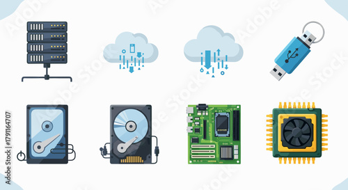 Illustration showing computer hardware and cloud data storage icons