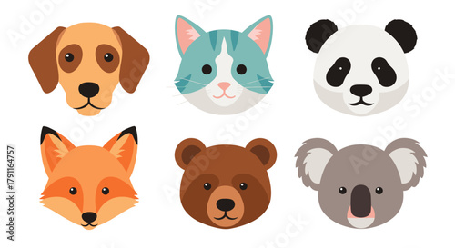 Illustration of six animal faces including dog cat and bear