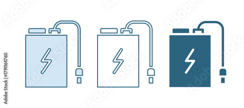 Blue Power bank with different charge cable icon isolated on white background. Portable charging device. Vector