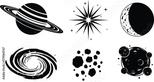 Celestial object silhouettes, planet, starburst, crescent moon, galaxy, asteroid cluster, orbiting moons, black vector, editable, isolated, space icons
