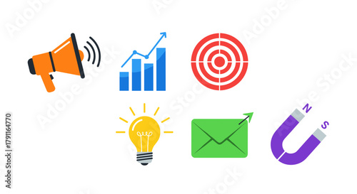 Illustration of marketing icons including megaphone, chart, and target