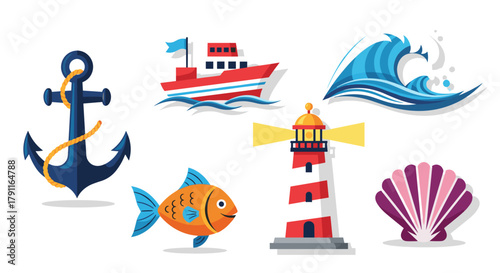 Illustration of nautical elements including an anchor and a ship