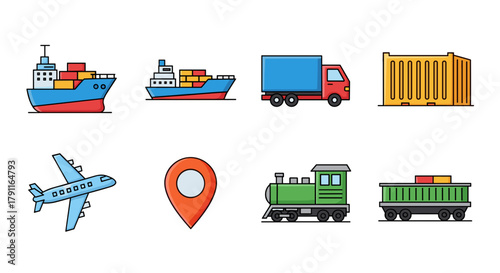 Illustration of transportation methods including ship truck and train