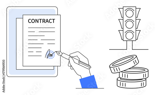 Hand signing contract, traffic light indicating choices, and coin stacks symbolizing finance. Ideal for business process, legal agreement, decision-making, economy, investments, risk strategy
