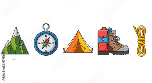 Illustration of camping gear including tent compass boot and rope