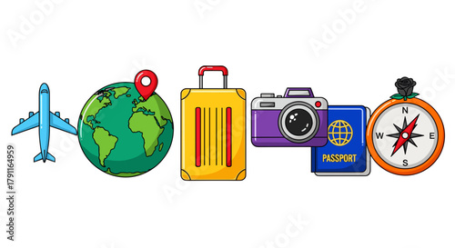 Illustration of travel themed items including plane globe and camera
