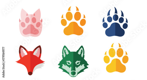 Illustration of animal paws and heads in various colors and styles