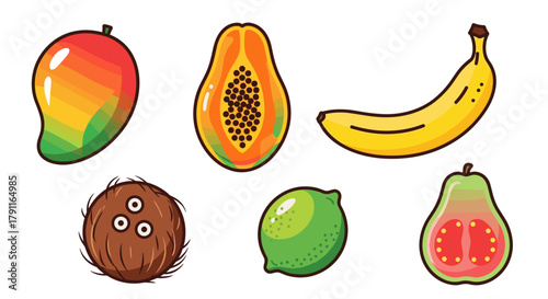 Illustration of a variety of tropical fruits including mango and lime