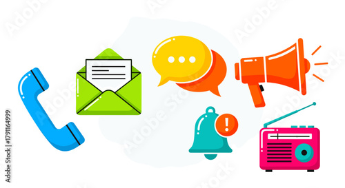 Illustration of various communication methods on a white background