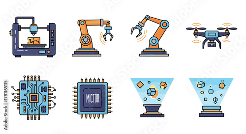 Illustration of technology icons including robotics and processors