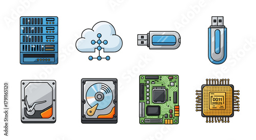 Illustration of computer hardware components and cloud computing