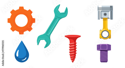 Illustration of a gear wrench drop screw piston and bolt on white