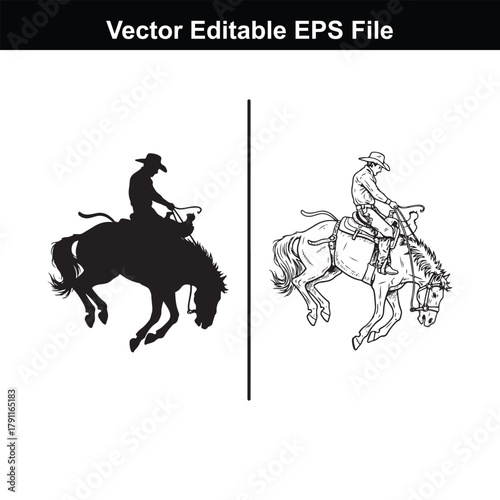Silhouette and line art of a cowboy riding a bucking bronco, vector illustration