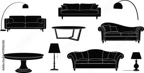 Furniture and lighting silhouettes, sofa icons, floor lamp, table lamp, coffee table, black vector, editable, isolated, interior design