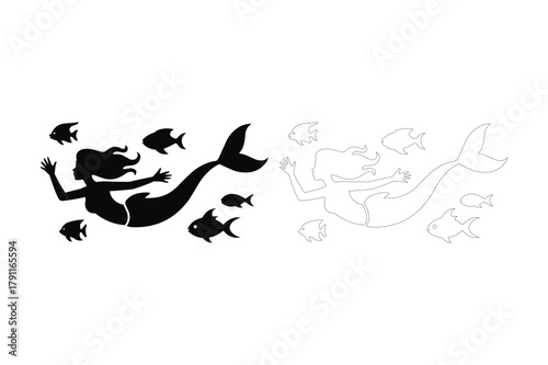 Silhouette of a mermaid swimming with fish in the ocean water