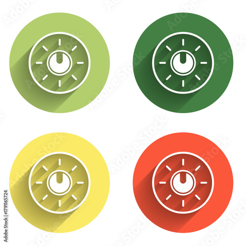 Set Dial knob level technology settings icon isolated with long shadow background. Volume button, sound control, analog regulator. Color circle button. Vector