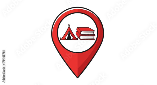 Free Download Red map pin icon with a tent and books inside, indicating a location for camping and reading. - GFXLoad